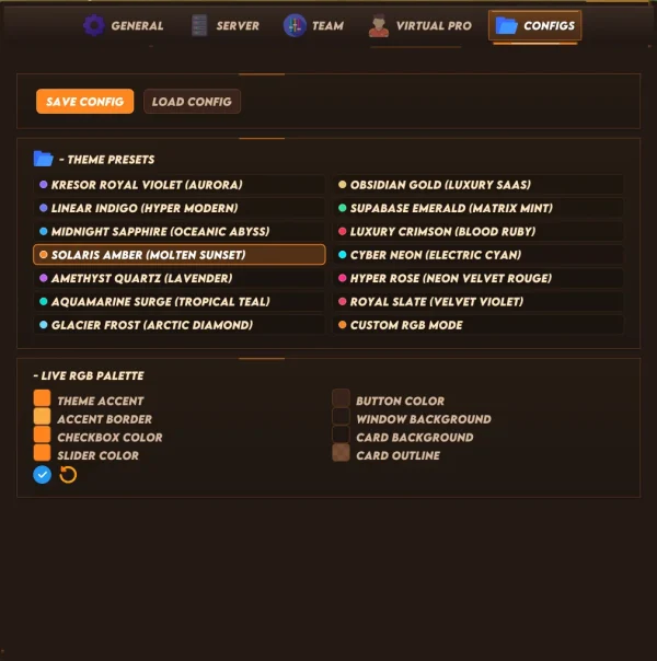 FC 27 Premium cheat menu - Configs tab with save/load, 13 theme presets and live RGB palette